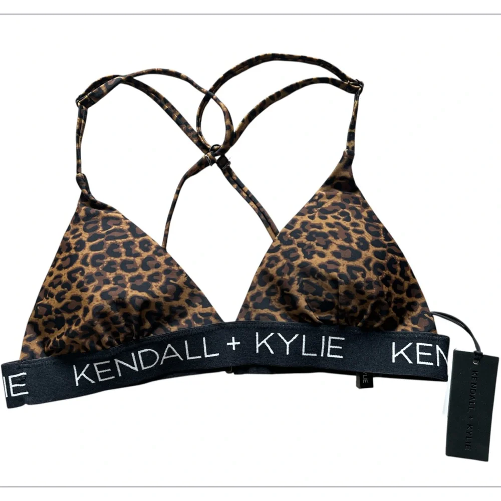 Kendall + Kylie Leopard Triangle Bikini Top Cross Back Strappy Logo Band Size M‎